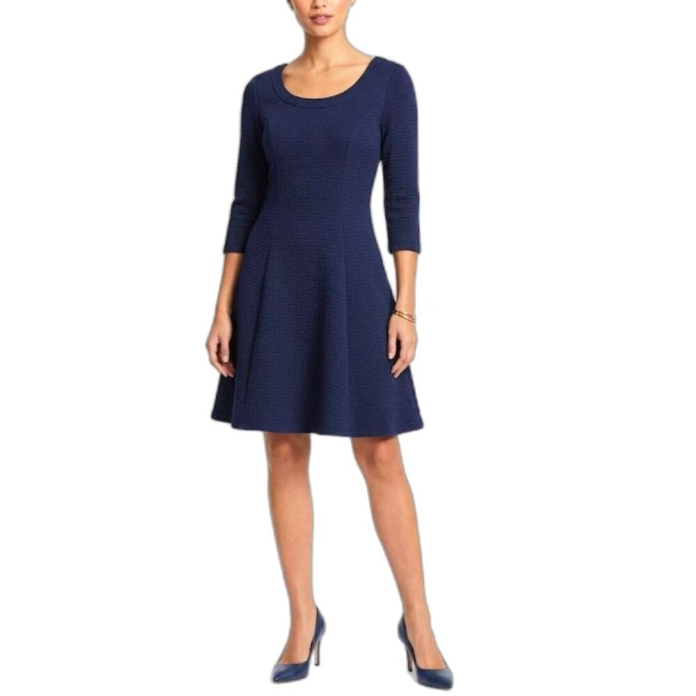 Southern Tide Women's Navy Textured 3/4 Sleeve Fit & Flare Short Dress Size M